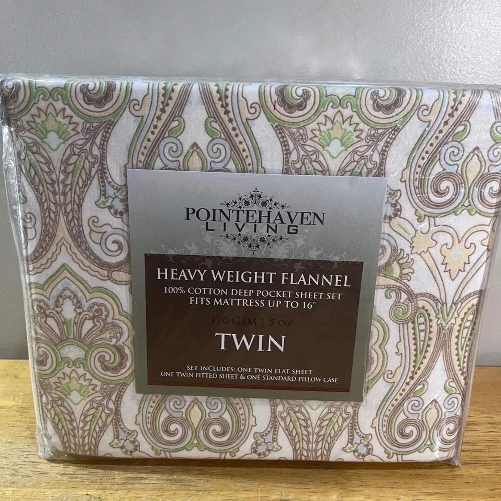 Pointehaven Living Twin Flannel Sheet Set Paisley 100% Cotton 170 GSM Green